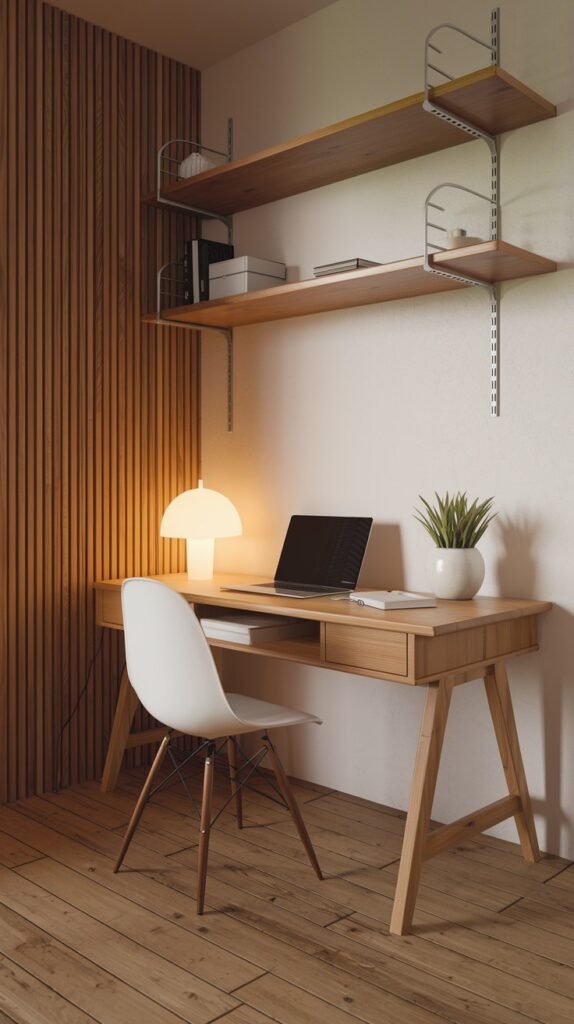 A cozy Japandi minimalist desk setup with a light wooden trestle desk and a white chair. Two levels of light wooden shelves with minimalist decor are mounted on the wall. A slatted wooden accent wall and a soft desk lamp create a warm and inviting ambiance.