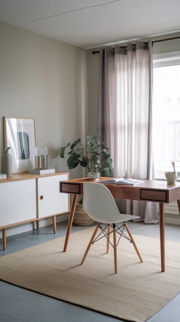A functional Japandi minimalist office space with a dark wooden desk and a white chair. A side cabinet with white doors and wooden accents is positioned nearby. A large potted plant and a light-colored rug complete the clean and inviting aesthetic.