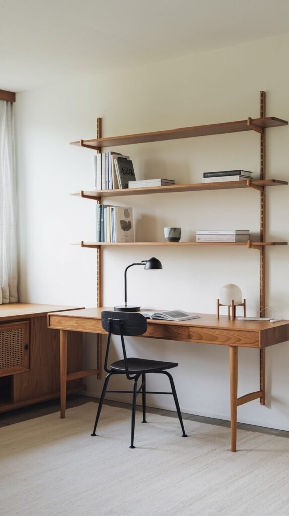 A sleek Japandi minimalist home office with a light wooden desk featuring an integrated drawer and a black chair. Extensive wooden open shelving is mounted on the wall, filled with books and simple decor, creating an organized and aesthetically pleasing workspace.