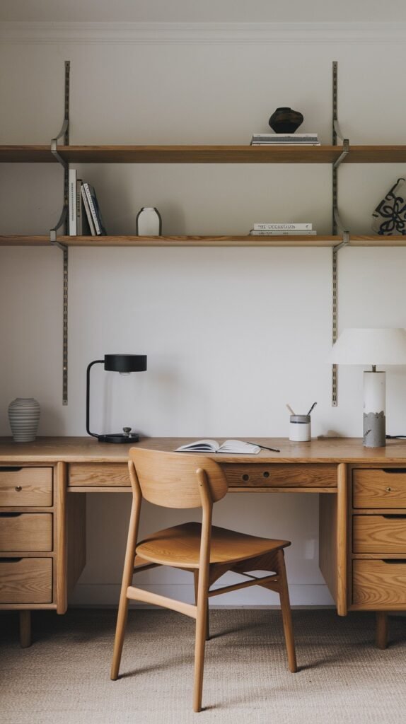 A beautifully organized Japandi minimalist desk area featuring a long light wooden desk with multiple built-in drawers. A wooden chair with a light seat pad is centered. Two levels of open wooden shelving above hold books and various decorative items, maintaining a clean and functional look.