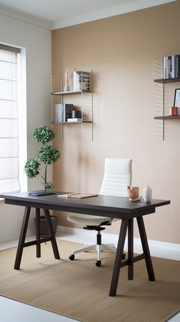 A minimalist and Japandi-inspired home office features a dark wooden trestle desk with a light-colored ergonomic office chair on a natural fiber rug. White wall shelves with books and decor, a potted plant, and light-colored walls complete the serene and functional space.