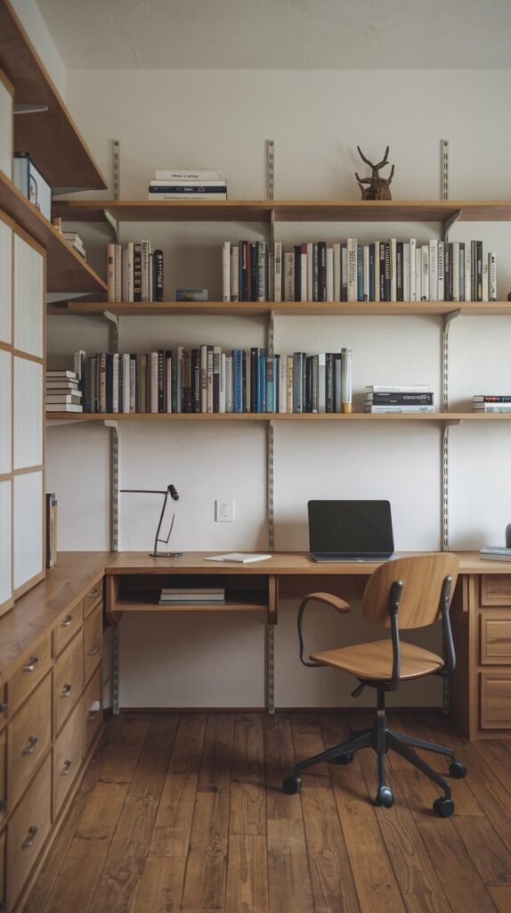 A comprehensive Japandi and minimalist office setup with extensive open wooden shelving filled with books. A light-colored wooden desk with built-in drawers and a black rolling office chair are centrally placed, offering a highly organized yet uncluttered workspace.