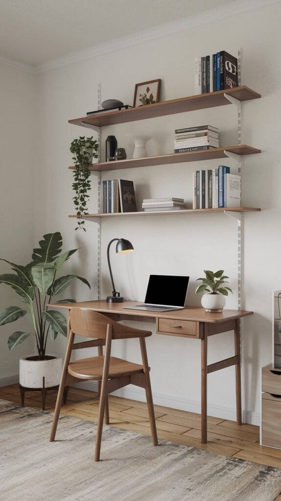 A bright Japandi-style minimalist home office with a light wooden desk and a matching wooden chair. Open wooden shelves above hold books and decorative objects. A large potted plant and a desk lamp add warmth to the serene and functional space.