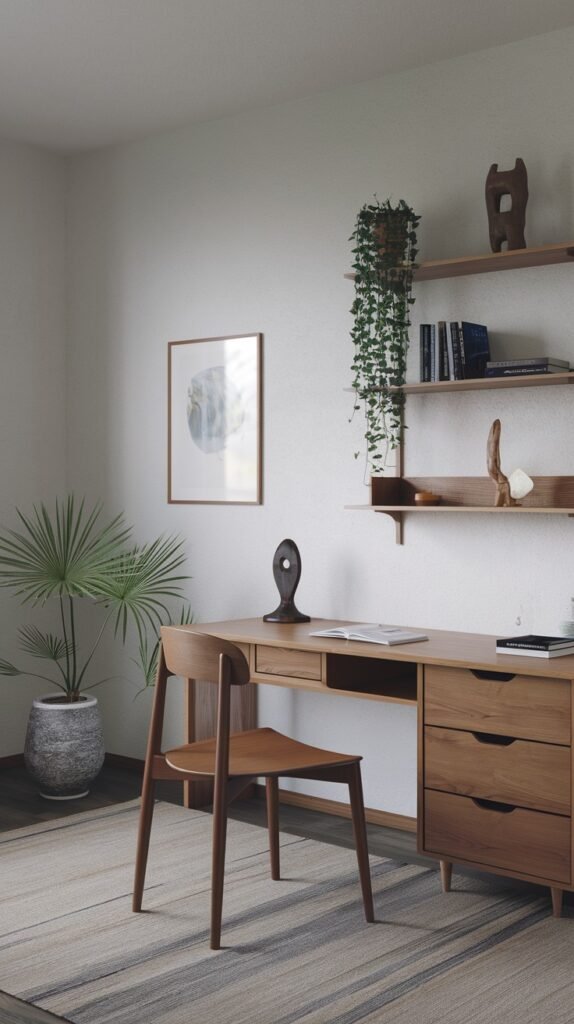 A serene Japandi-inspired minimalist office features a wooden desk with a built-in drawer unit and a matching wooden chair. Open shelves on the wall hold books and decorative items. A large potted plant and an abstract framed print enhance the natural and calm ambiance.