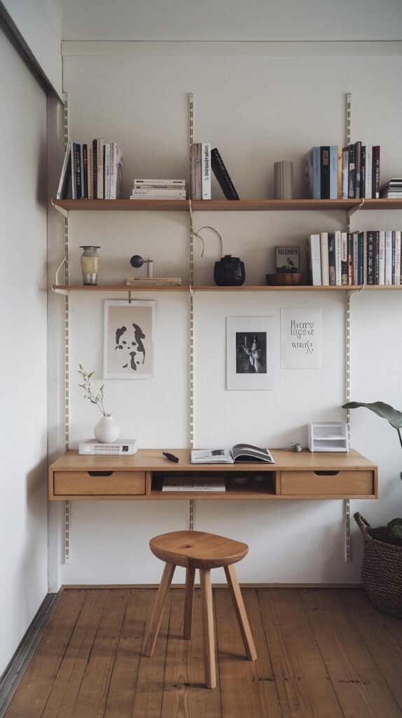 A compact and highly functional Japandi minimalist desk area with a light wooden floating desk and open shelving above, adorned with books and framed art. A simple wooden stool serves as seating, maintaining an uncluttered and efficient design.