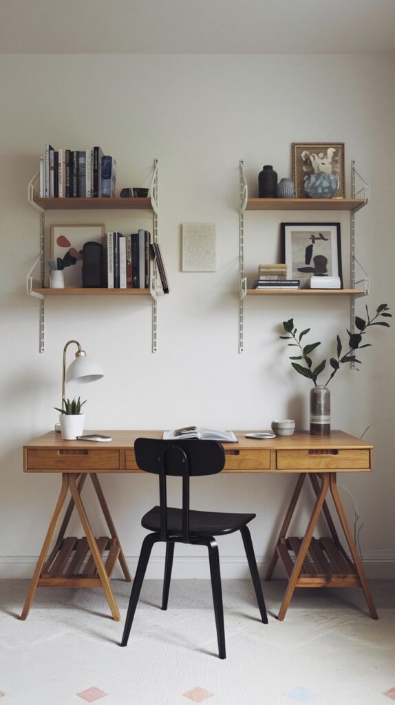 A welcoming Japandi-style minimalist home office with a light wooden trestle desk featuring two drawers and two wall-mounted open shelves. A black chair is placed in front, and a small plant, lamp, and framed art add subtle decorative elements to the clean space.