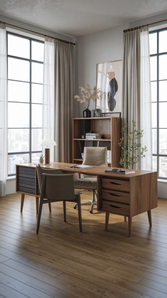 A spacious and refined Japandi-inspired minimalist executive office with a large dark wooden desk featuring multiple drawers. A light beige rolling office chair and a guest chair are present. Tall windows and light curtains complement the minimalist aesthetic, with a dark wooden bookshelf and a plant providing accents.
