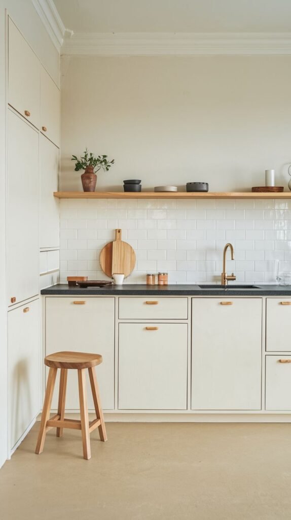 A minimalist Japandi kitchen featuring light cream base cabinets with wooden pull handles, dark countertops, a brass faucet, and open wooden shelving against a white subway tile backsplash. A wooden stool is in the foreground, and a small potted plant adds a natural touch.