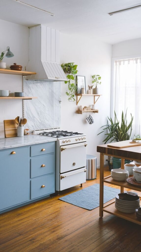 A colorful yet minimalist Japandi kitchen featuring light blue base cabinets with brass knobs, a white retro stove, and a white marble backsplash. Open wooden shelves above the counter and a wooden island on wheels provide storage, complemented by several green plants.