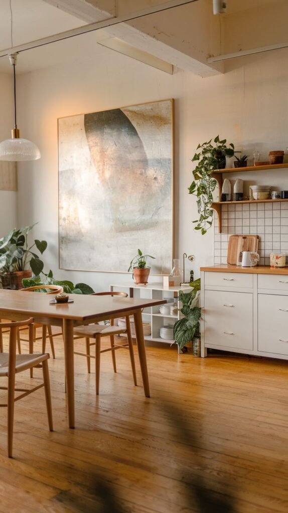 An open-concept minimalist Japandi kitchen and dining area dominated by a large abstract painting on the far wall. The kitchen section features white cabinets, wooden countertops, and a white tiled backsplash, while a wooden dining table and chairs fill the foreground. Numerous plants are scattered throughout.