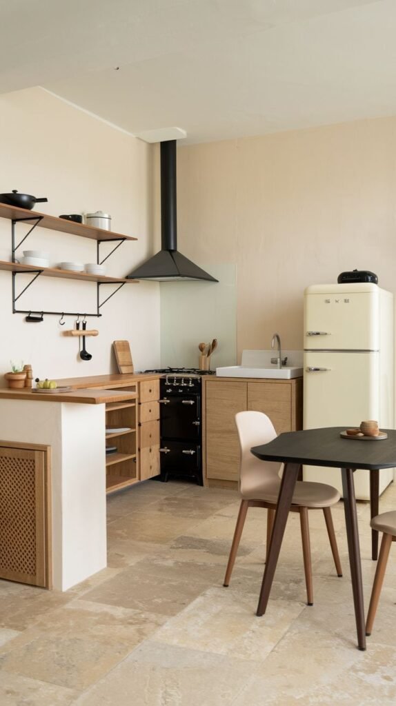 A serene minimalist Japandi kitchen with light beige walls, a prominent black range hood above a black stove, and a cream-colored vintage refrigerator. Light wooden base cabinets and open shelves provide storage, and a dark round dining table with two chairs sits in the foreground.