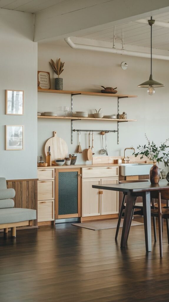 A warm and inviting minimalist Japandi kitchen and living space. The kitchen area features light wood cabinetry, open shelving with various kitchenware, and a built-in beverage cooler with a patterned glass door. A dark wooden dining table with chairs is in the foreground, and framed pictures adorn the wall.