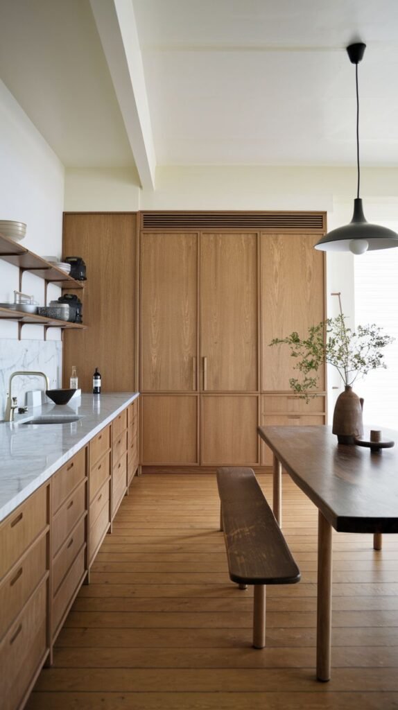 A long, refined minimalist Japandi kitchen showcasing ample light wood cabinetry, white marble countertops, and an integrated, tall wooden refrigerator unit. A dark wooden dining table with a matching bench extends into the foreground, emphasizing clean lines and natural materials.