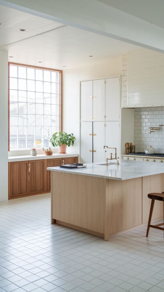 A bright and spacious minimalist Japandi kitchen centered around a light wood kitchen island with a white marble countertop. White full-height cabinets with brass knob handles line the back wall, and a large multi-paned window provides ample light. The floor is covered in small white square tiles.