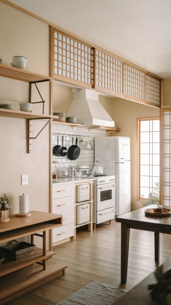A charming minimalist Japandi kitchen featuring traditional Japanese-style sliding screens (shoji-like) on the windows and above the cabinets. It includes white cabinetry, a white retro refrigerator and stove, and an overhead black pot rack with hanging cookware.