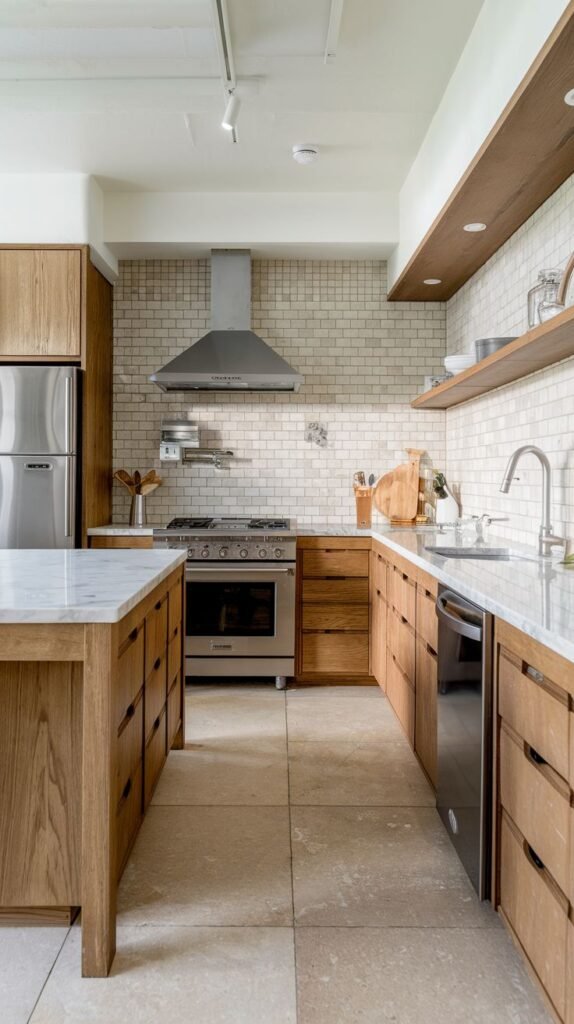 A modern minimalist Japandi kitchen with warm wooden cabinetry, white marble countertops, and a white subway tile backsplash. Stainless steel appliances, including a range and range hood, are visible, along with a large wooden island that features integrated drawers.