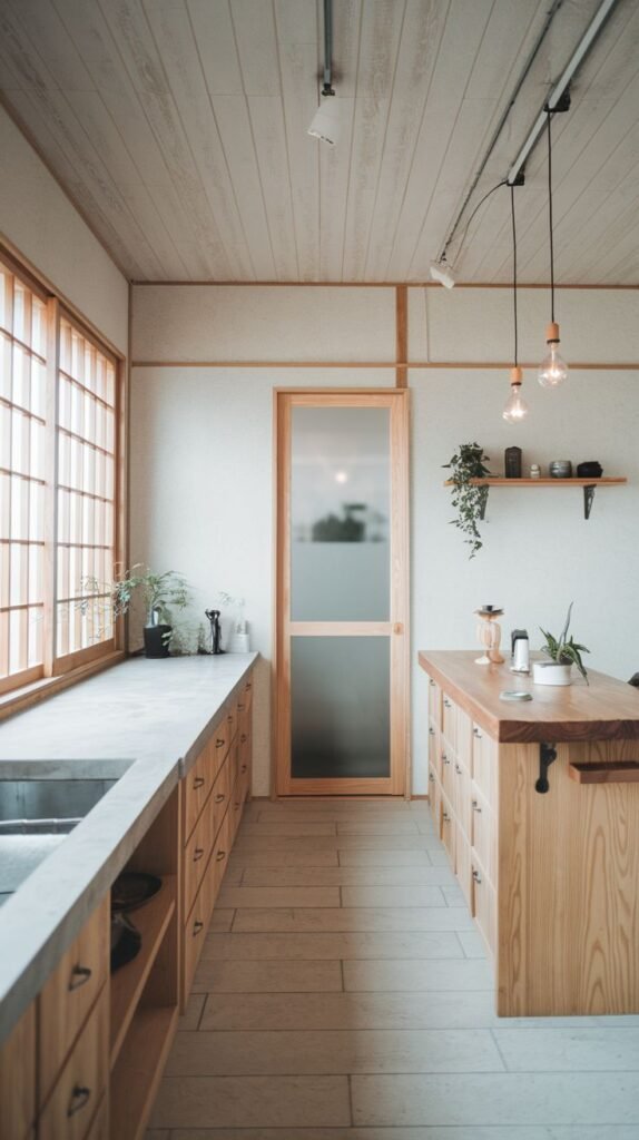 A bright and organized minimalist Japandi space, potentially a kitchen or workspace, featuring light wood cabinetry with numerous drawers, concrete-like countertops, and a large window with a grid pattern that lets in natural light. A wooden island or work table with a built-in vice is on the right.