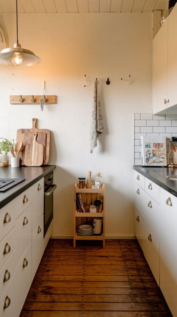 A narrow, minimalist Japandi galley kitchen with white cabinets, dark countertops, and dark wooden floorboards. A small, light wooden shelving unit stands against the wall, alongside hanging utensils and a warm-toned light fixture.