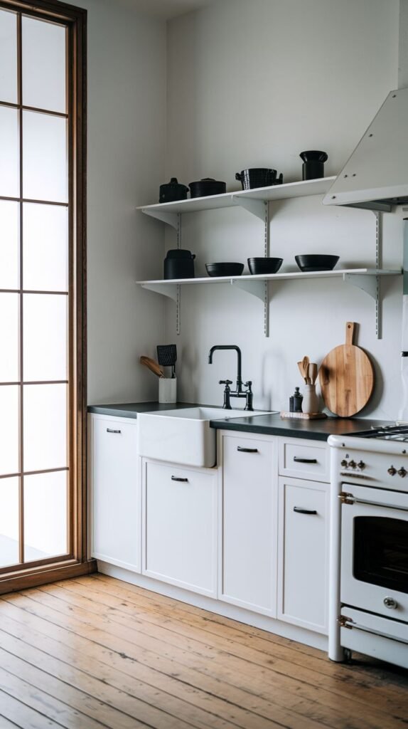 A bright and airy minimalist Japandi kitchen with white base cabinets, dark countertops, a white farmhouse sink, and white open shelving holding black bowls and pots. A large window with dark wooden frames stands tall on the left, and a white retro-style stove is on the right.