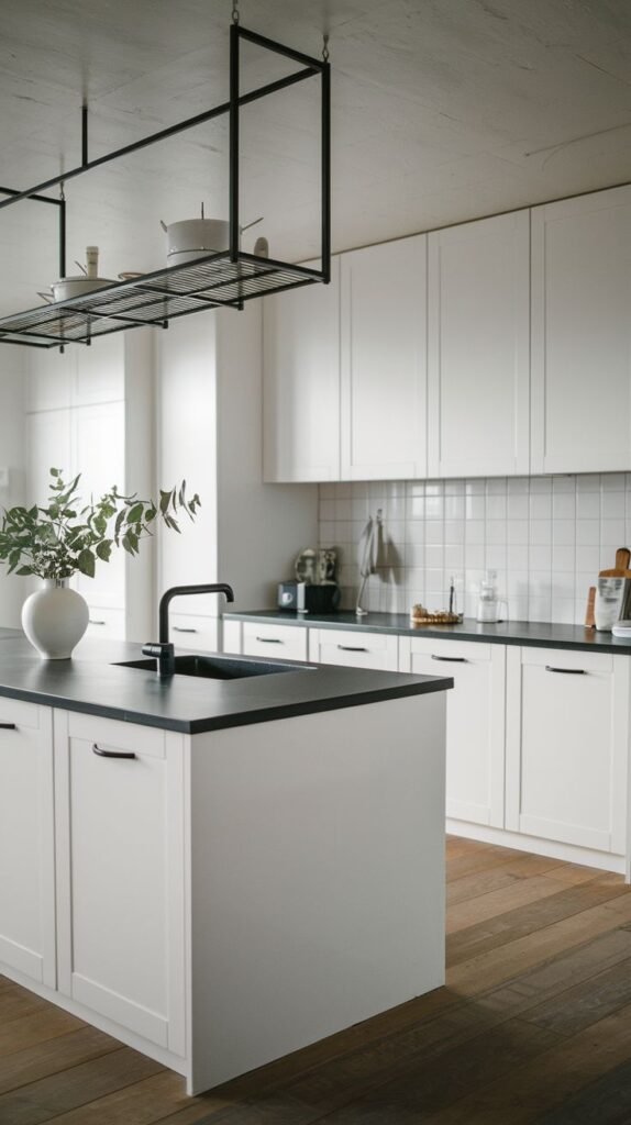 A sleek minimalist Japandi kitchen featuring white flat-panel cabinetry, dark countertops, and a kitchen island with an integrated sink. A striking black industrial-style hanging pot rack is suspended from the ceiling, adding both storage and a modern touch.