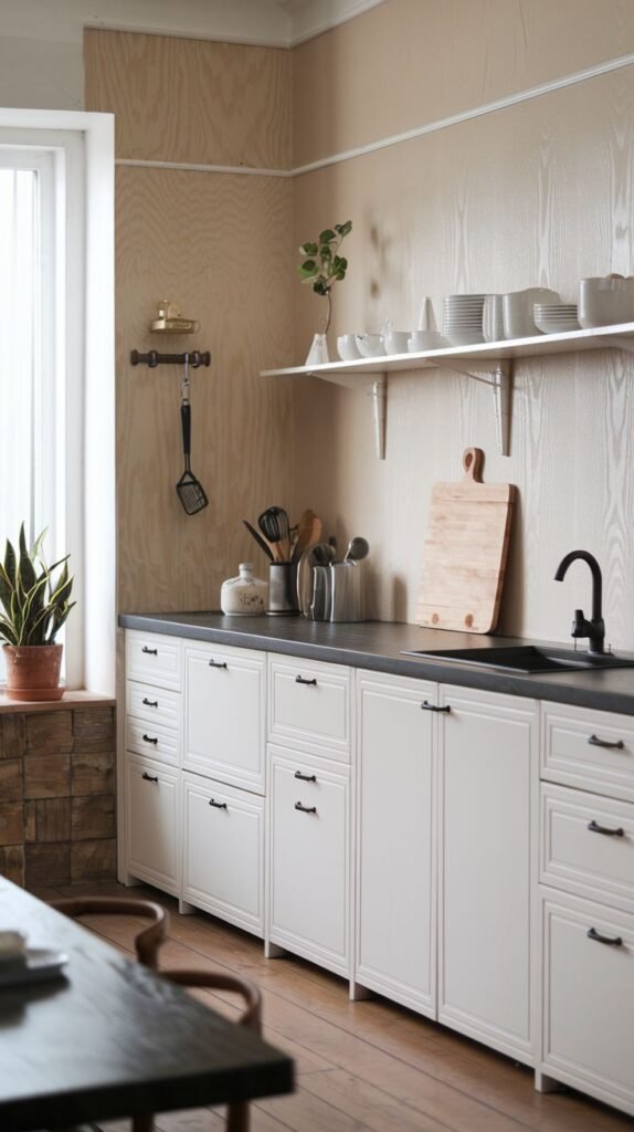 A warm minimalist Japandi kitchen featuring white base cabinets with black handles, dark countertops, and white open shelving. The walls showcase a light wood-grain paneling, and a small plant sits on the window sill next to a wooden and metal hanging rack.