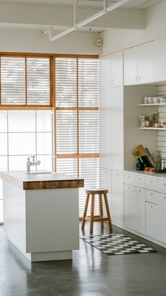 A bright and open minimalist Japandi kitchen featuring extensive white cabinetry, a white kitchen island with a wooden countertop and an integrated sink, and a large window with white blinds. A geometric black and white patterned rug is on the concrete floor.