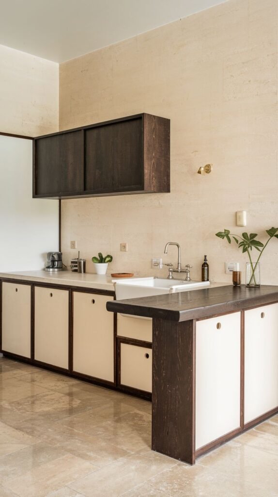 A clean and elegant minimalist Japandi kitchen with light cream base cabinets framed by dark wood, white countertops, and a prominent white farmhouse sink. The walls and floor are composed of large, light-colored stone tiles, contributing to a serene atmosphere.