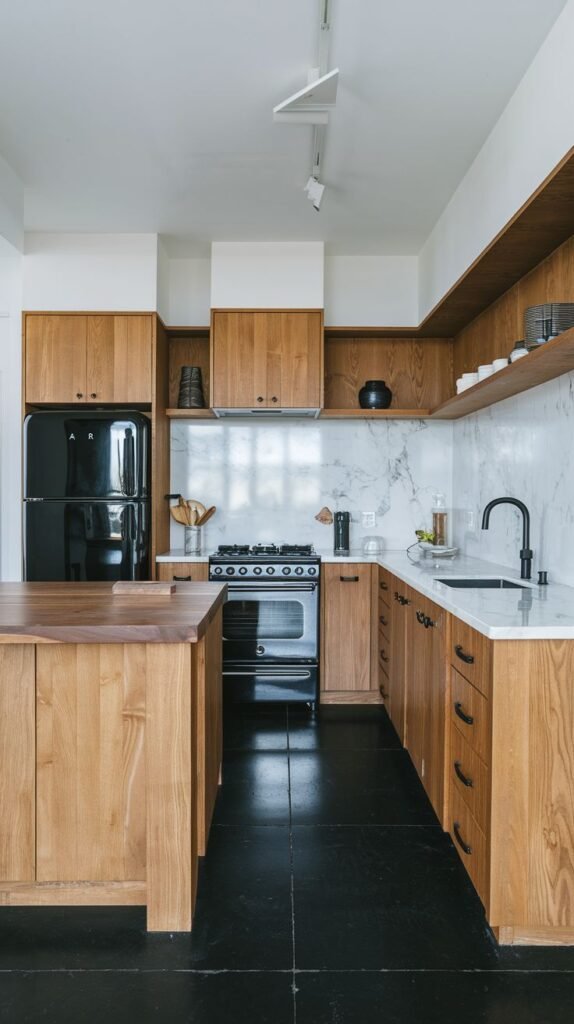 A sophisticated minimalist Japandi kitchen featuring warm wooden cabinetry, white marble backsplash and countertops, a black retro refrigerator, and a white stove. A substantial wooden island with clean lines stands in the foreground, providing additional workspace.