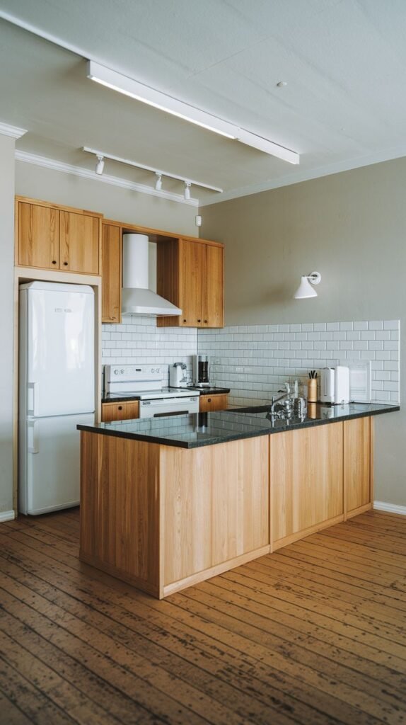 A functional minimalist Japandi kitchen with light wood cabinetry, dark countertops, a white refrigerator, and a white subway tile backsplash. A large central island with a stovetop provides extensive counter space and storage, all set on warm wooden floorboards.