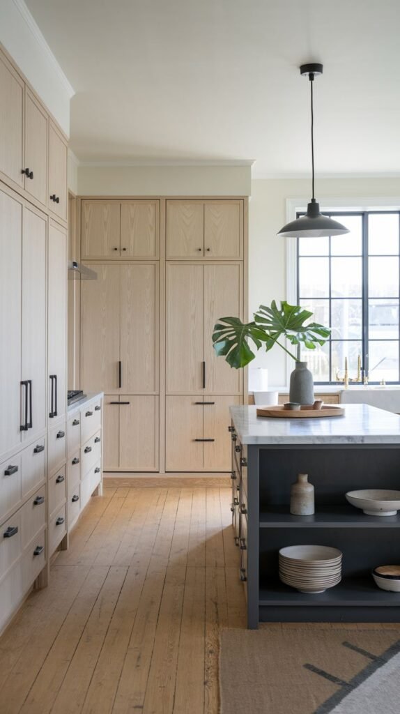 A grand and orderly minimalist Japandi kitchen featuring extensive light wood full-height cabinetry with black handles, a large marble island with open shelving and decorative bowls, and a large window providing natural light. The room maintains a sense of serene balance.