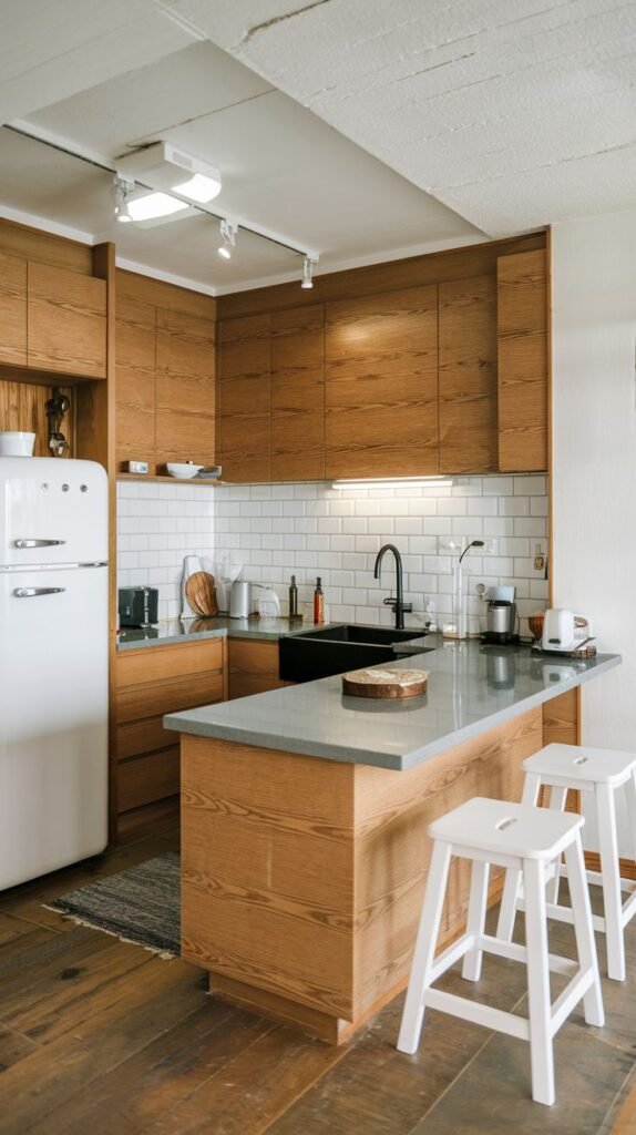 A compact and efficient minimalist Japandi kitchen with warm wooden cabinetry, a white retro refrigerator, black countertops, and a white subway tile backsplash. A small wooden island with a light-colored countertop and two white stools provides a casual dining or prep area.