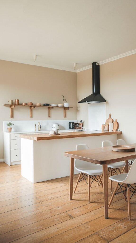 A serene minimalist Japandi kitchen with light beige walls, white base cabinets, natural wooden open shelving, and a prominent black range hood. A large wooden dining table with white chairs is positioned in the foreground, suggesting a functional and aesthetically pleasing space.