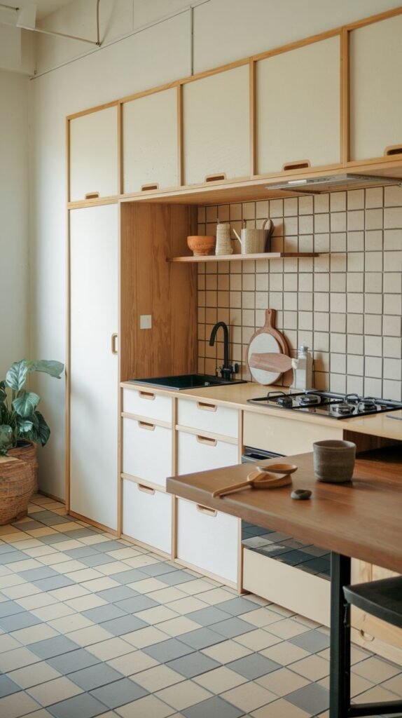 A spacious minimalist Japandi kitchen showcasing light cream and wood-framed cabinetry, a checkered floor, and a wooden dining table extending from the kitchen counter. A tall green plant in a woven basket adds a natural element to the space.