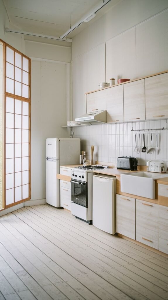 A bright and airy minimalist Japandi kitchen with light wood and white cabinetry, a white retro refrigerator, and stove. A large multi-paned window with light wooden frames dominates the left wall, allowing ample natural light to illuminate the space and its light wooden floor.