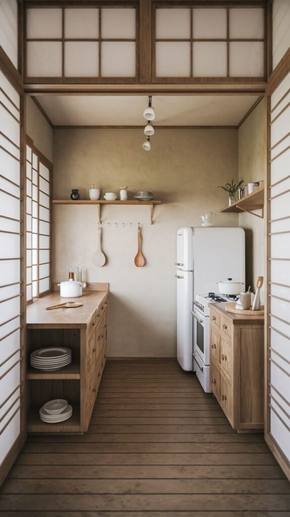 A serene, compact minimalist Japandi kitchen designed with warm wooden cabinetry, open shelving displaying simple dishware, a white retro refrigerator, and stove. The space is framed by traditional Japanese-style wooden grid screens acting as windows and room dividers, all set on dark wooden floorboards.
