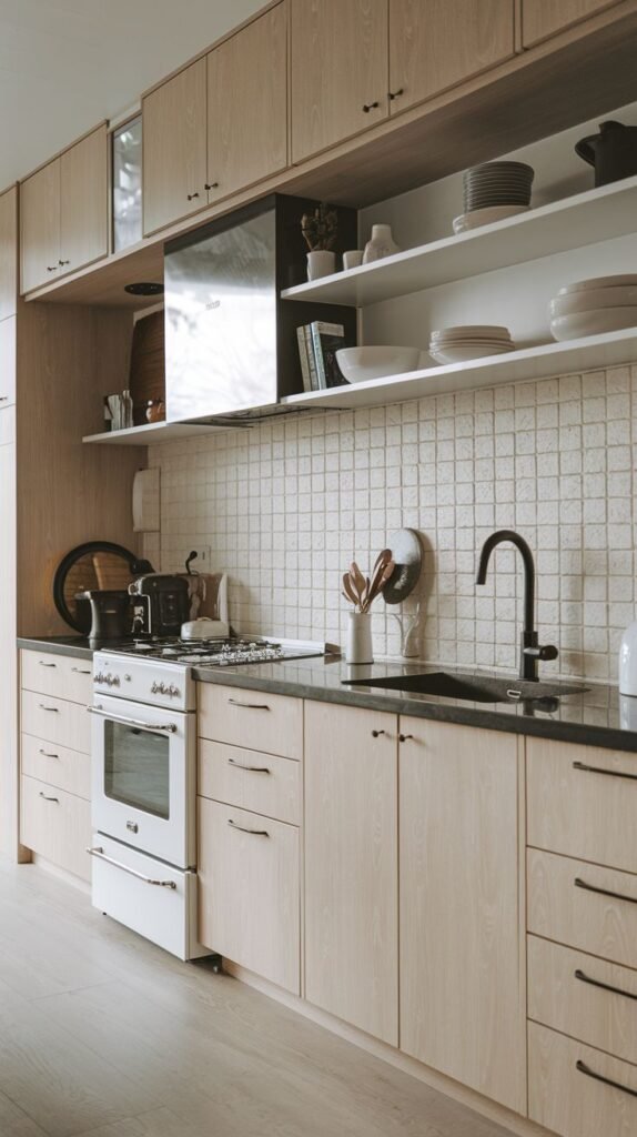 A modern minimalist Japandi kitchen featuring light wood lower cabinets, white wall-mounted shelving with various dishes, black countertops, and a light-toned small square tiled backsplash. A white retro-style range is centered, and a black faucet is visible at the sink.