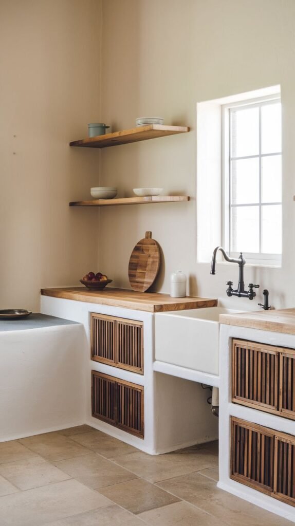 A unique minimalist Japandi kitchen with white plastered bases and integrated wooden slatted cabinet doors, topped with light wooden countertops and featuring a large white farmhouse sink. Open wooden shelves hold simple bowls and a wooden cutting board, with a multi-paned window to the right.