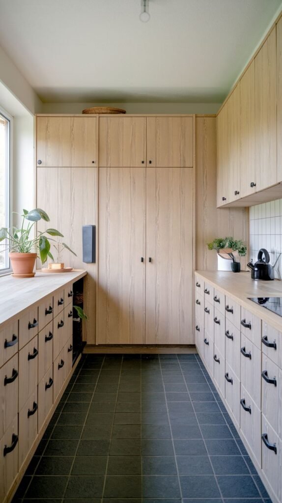 A long, galley-style minimalist Japandi kitchen with light wood-grain cabinetry and numerous drawers with black handles lining both sides. A tall, built-in wooden cabinet stands at the far end, and the floor is covered in dark square tiles.