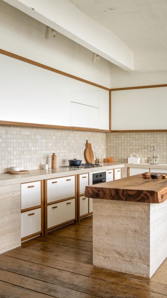 A sophisticated minimalist Japandi kitchen blending white and light wood cabinetry with a natural stone-patterned base. A light square tiled backsplash lines the wall, and a large, thick wooden island with a rough-hewn edge serves as a focal point and prep area.