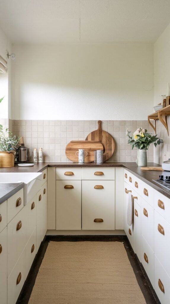 A U-shaped minimalist Japandi kitchen with cream-colored base cabinets and brass-toned semi-circular handles, dark countertops, and a light-colored tiled backsplash. A natural woven rug is on the dark floor, and open wooden shelves are visible to the right.