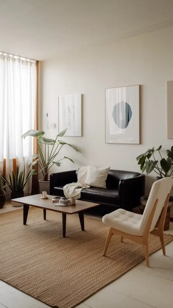 A minimalist Japandi living space showcasing a dark leather sofa with light cushions, a large woven rug, and several potted plants. Framed artwork adorns the light-colored walls, with sheer curtains on a tall window.
