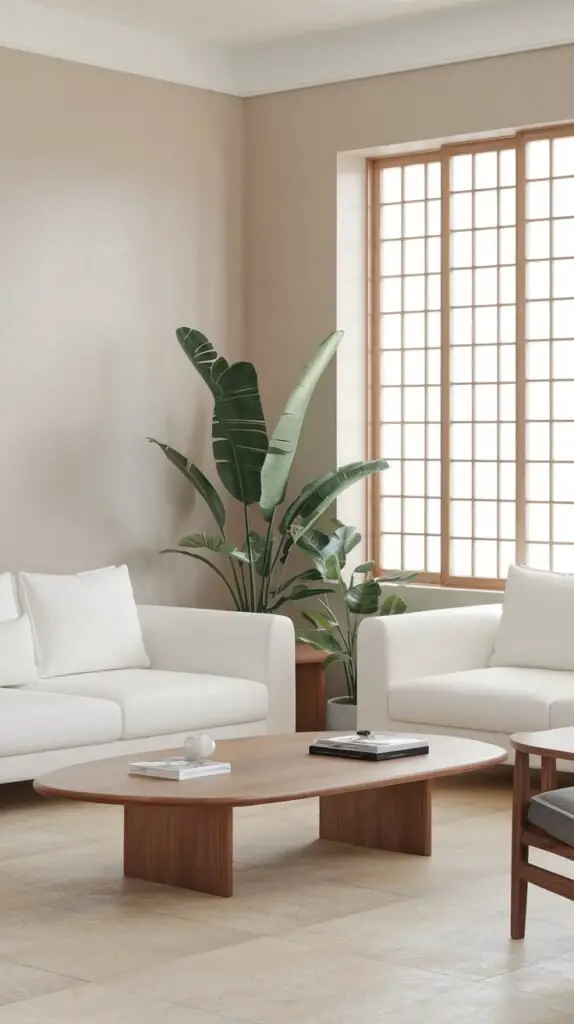 A clean and minimalist Japandi living space featuring two white sofas and a large oval wooden coffee table. A tall potted plant and a wide window with a shoji screen pattern add to the serene ambiance.