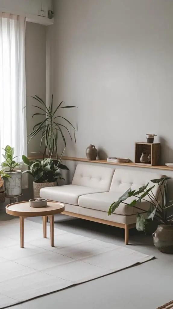 A bright minimalist Japandi room with a light sofa on a wooden frame, a round wooden coffee table, and numerous potted plants of varying sizes. A floating shelf with decorative items is visible on the light wall.