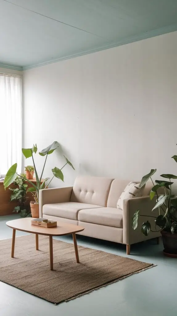 A tranquil minimalist Japandi living space featuring a light sofa, a light wooden coffee table, and several large potted plants. The room is characterized by light-colored walls and a unique light blue ceiling and floor.