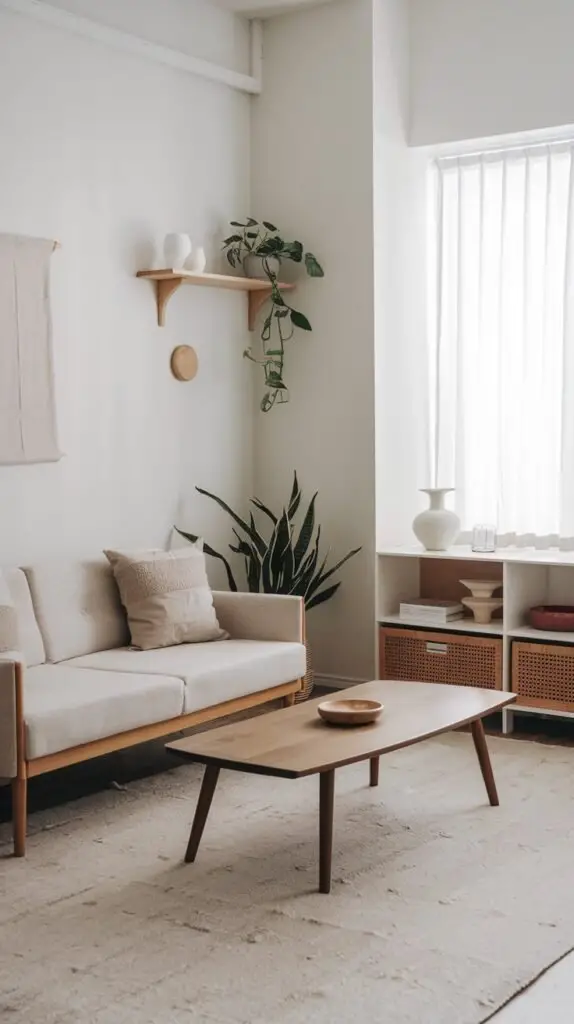 A serene minimalist Japandi room with a light sofa and wooden frame, a simple wooden coffee table, and a floating shelf adorned with plants and decorative items. A white shelving unit with woven baskets is also present.