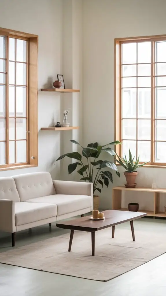 A bright minimalist Japandi space anchored by a light sofa with a tufted back and a dark wooden coffee table. Two large grid windows with wooden frames fill the room with light, alongside several potted plants and floating shelves.