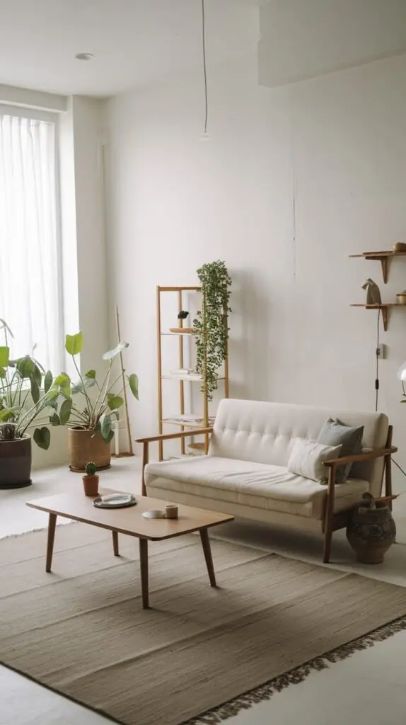 A clean minimalist Japandi living area featuring a light sofa with a wooden frame, a light wooden coffee table, and several wooden stools. A tall potted plant and a simple wooden shelving unit complete the natural aesthetic.