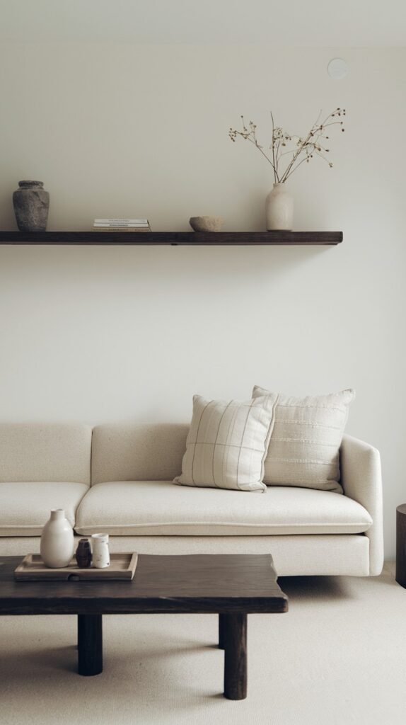 A calming minimalist Japandi space showcasing a light-colored sofa with textured cushions. A dark, organic-shaped wooden coffee table and a dark floating shelf adorned with simple vases contribute to the serene design.