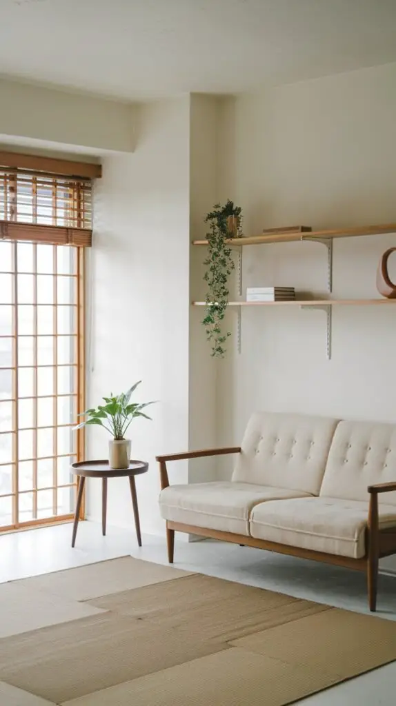 A tranquil minimalist Japandi room with a light sofa featuring a wooden frame and a small round wooden side table. A large window with wooden grid blinds and traditional tatami mats on the floor emphasize the Japanese influence.