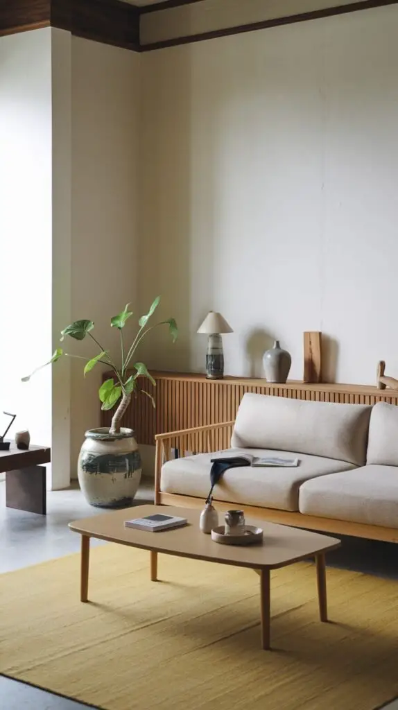 A warm minimalist Japandi living room with a light sofa on a wooden frame, a light wooden coffee table, and a large potted plant. A wooden console table behind the sofa adds functional decor, all set on a distinctive yellow rug.